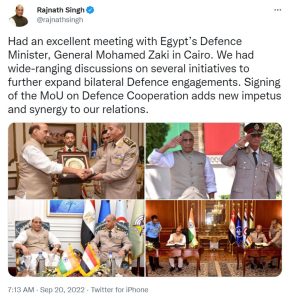 Defence Minister Rajnath Singh holds meeting with his Egyptian counterpart General Mohamed Zaki in Cairo