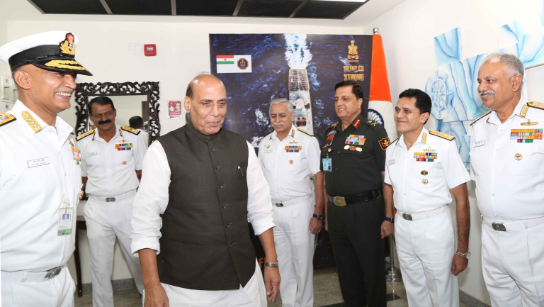 Defence Minister Rajnath Singh interacts with Indian Navy commanders at the Naval Commanders’ Conference