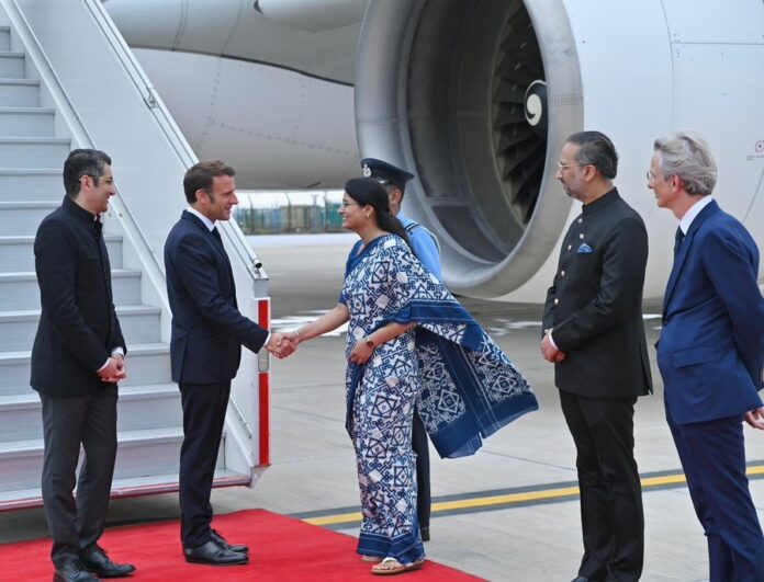 French President Emmanuel Macron arrives in New Delhi to attend the G20 Summit
