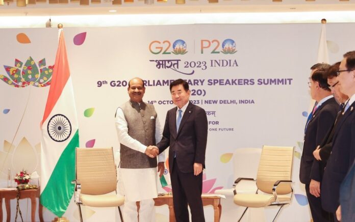 Lok Sabha Speaker Om Birla met Speaker of National Assembly of the Republic of Korea Kim Jin-pyo on the sidelines of P20 Summit