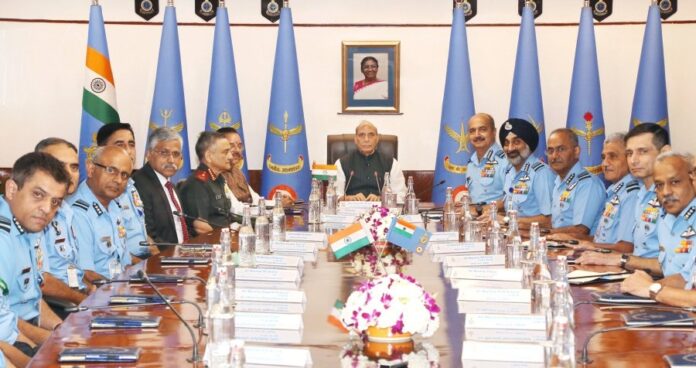New Delhi: Defence Minister Rajnath Singh addresses the Inaugural Session of Air Force Commanders’ Conference