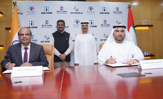 Union Minister Dharmendra Pradhan and Chairman & CEO of DP World witness signing of agreement between NSDC International and We One, DP World Union Minister Dharmendra Pradhan and Chairman & CEO of DP World witness signing of agreement between NSDC International and We One, DP World