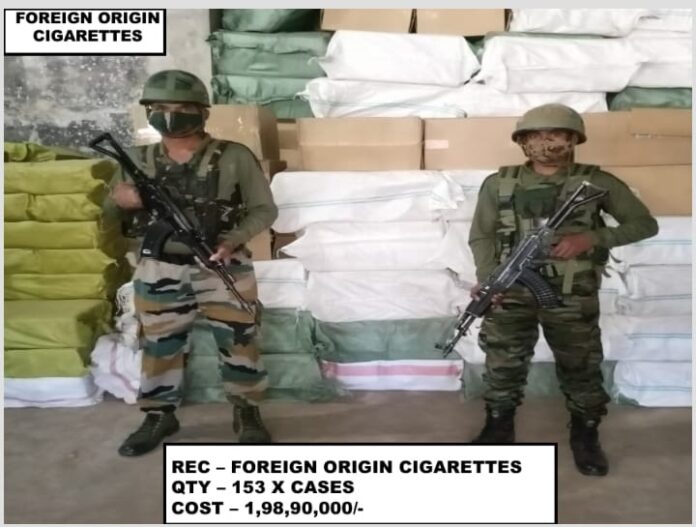 Mizoram: Assam Rifles alongwith Customs Preventive Force (Mizoram) recovered 153 cases of foreign origin cigarettes in Champhai District