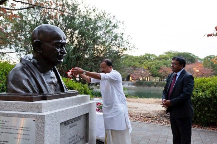 MoS V Muraleedharan paid floral tributes to Mahatma Gandhi at the Peace Promenade in Hiroshima MoS V Muraleedharan paid floral tributes to Mahatma Gandhi at the Peace Promenade in Hiroshima