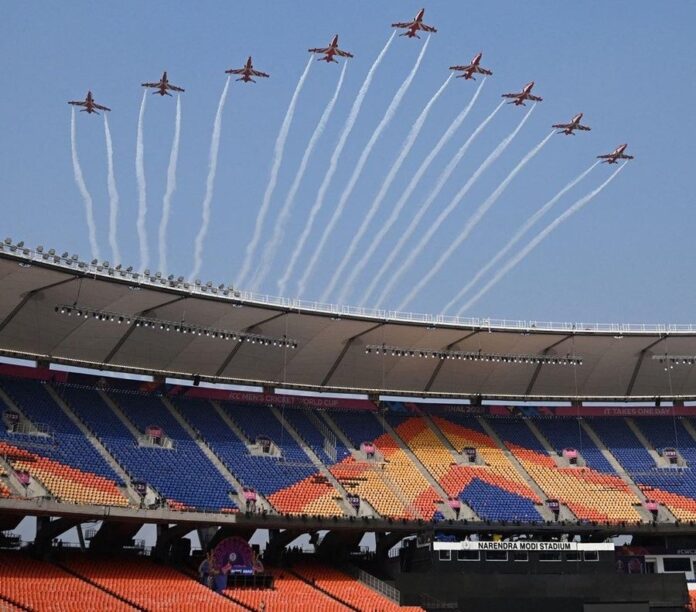 CWC23 Final: IAF Suryakiran aerobatic team will be carrying out flypast over the venue from 1:35 pm to 1:50 pm tomorrow CWC23 Final: IAF Suryakiran aerobatic team will be carrying out flypast over the venue from 1:35 pm to 1:50 pm tomorrow