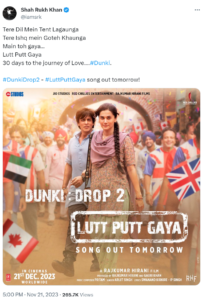 फिल्म 'डंकी' का पहला गाना 'लुट पुट गया' कल होगा रिलीज, शाहरुख ने शेयर किया फिल्म से नया पोस्टर