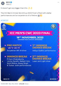 CWC23 Final: IAF Suryakiran aerobatic team will be carrying out flypast over the venue from 1:35 pm to 1:50 pm tomorrow