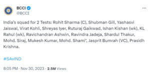 2 टेस्ट के लिए भारत की टीम: