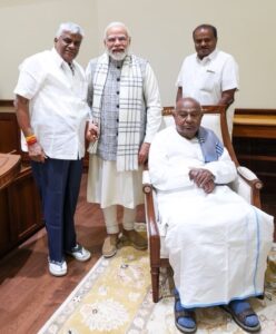 PM Modi meets former PM HD Deve Gowda, JD(S) Karnataka chief HD Kumaraswamy and HD Revann