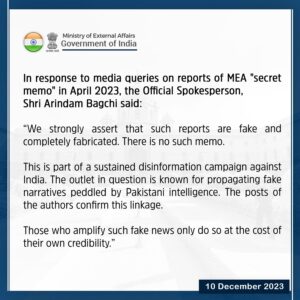 India rejects 'secret memo report' over launch of crackdown against Khalistani terrorists, calls it "fake and fabricated"
