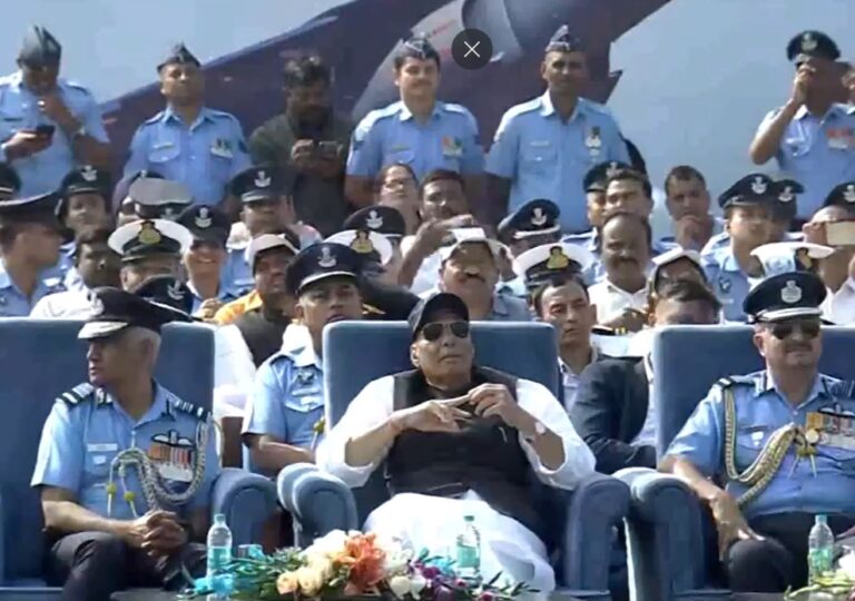 Dundigal: Defence Minister Rajnath Singh witnesses the aerial display at Combined Graduation Parade