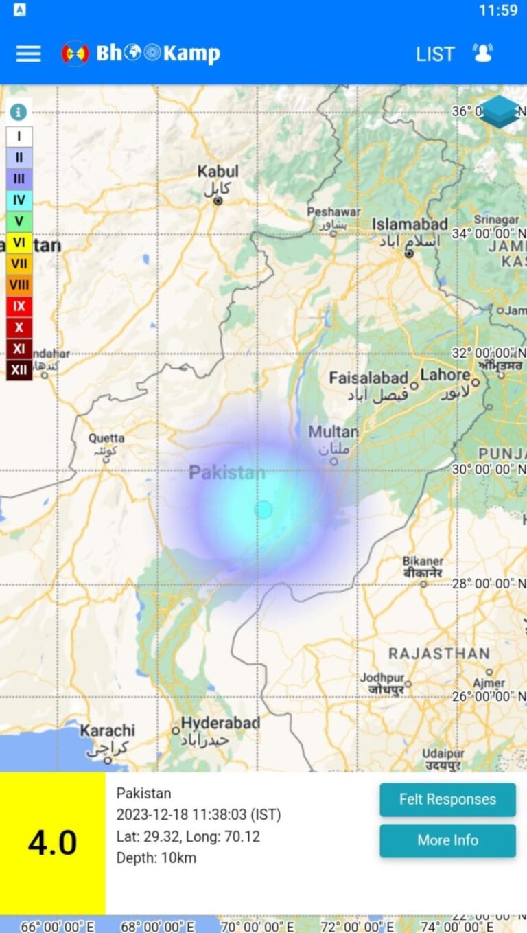 पाकिस्‍तान में महसूस किए गए भूकंप के झटके, 4.0 मापी गई तीव्रता