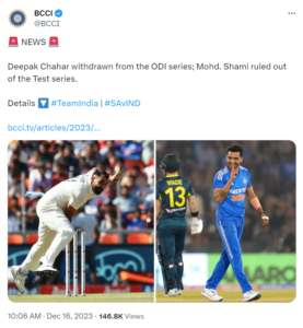 IND vs SA: दक्षिण अफ्रीका दौरे पर भारतीय को लगा बड़ा झटका, दीपक चाहर वनडे और मोहम्मद शमी टेस्ट सीरीज से हुए बाहर