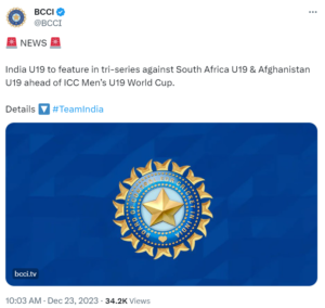 India U19 to play tri-series against South Africa, Afghanistan ahead of Men's U19 World Cup 