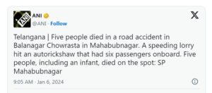 Telangana: Five people die in road accident in Balanagar Chowrasta in Mahabubnagar
