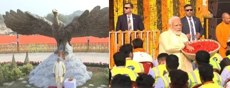 PM मोदी ने कुबेर टीला में जटायु की प्रतिमा का अनावरण किया, मंदिर बनाने वाले मजदूरों पर बरसाए फूल