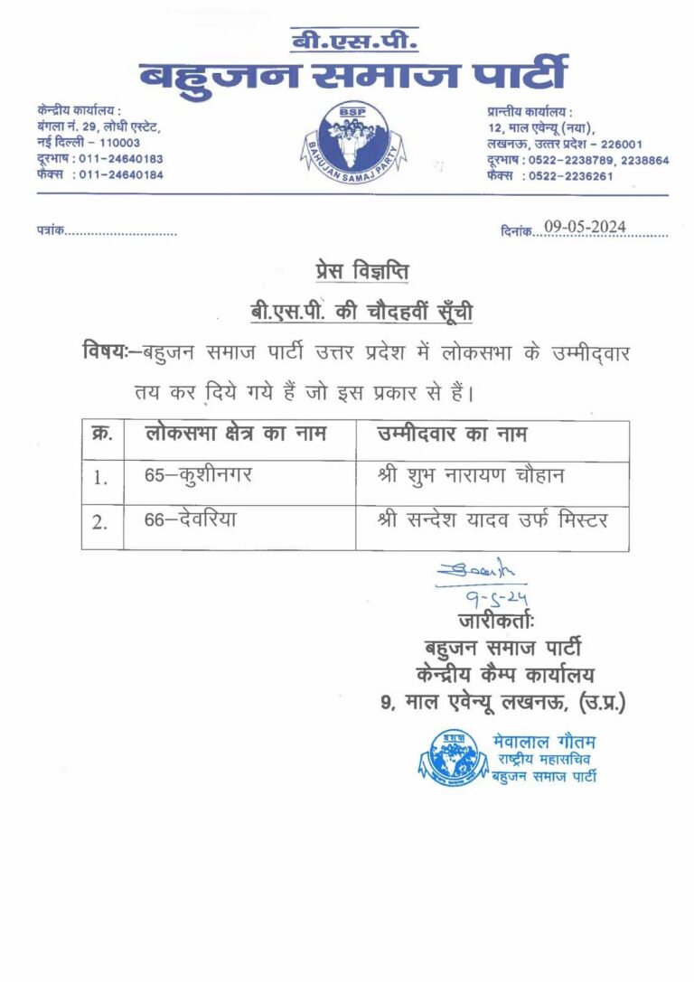 बसपा ने लोकसभा प्रत्याशियों की 14वीं लिस्ट जारी की, देवरिया सीट से होंगे उम्मीदवार