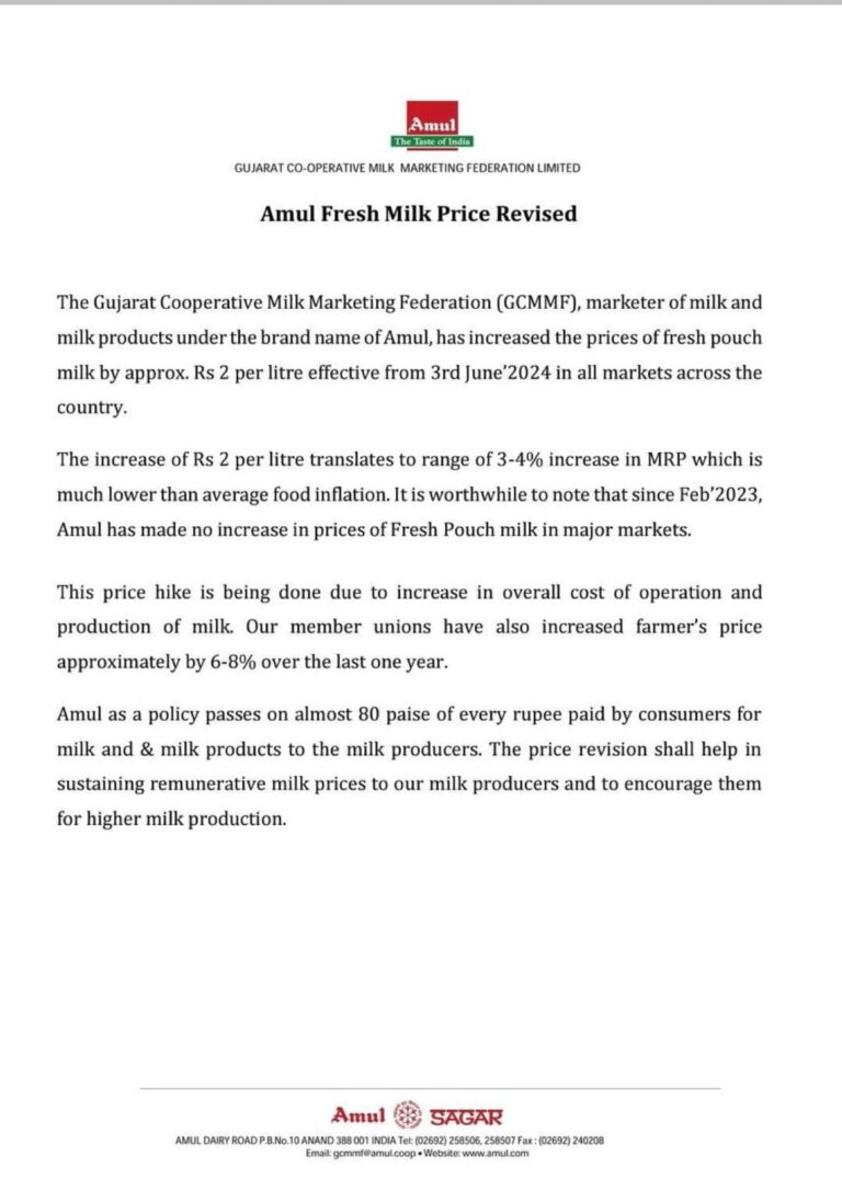 Amul increased price of fresh pouch milk by Rs 2 per litre