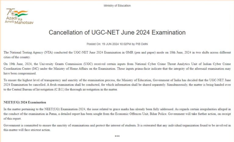 GoI has decided that the UGC-NET June 2024 Examination be cancelled