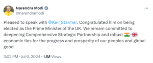 PM Modi speaks with newly-elected UK PM Starmer, two leaders agree to work for early conclusion of FTA