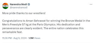 PM Modi congratulates wrestler Aman Sehrawat for winning bronze medal at Paris Olympics