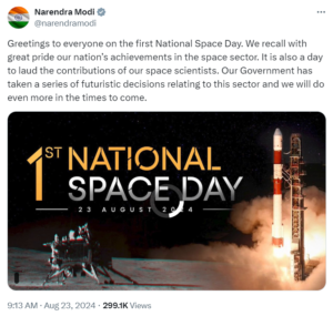 PM Modi greets the nation on the occasion of first National Space Day