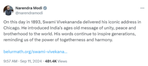 PM Modi remembers Swami Vivekanand on 132nd anniversary of Chicago speech