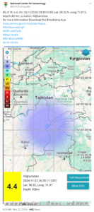 Earthquake of Magnitude 4.4 hits Afghanistan