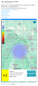 Earthquake of magnitude 4.2 jolts Myanmar