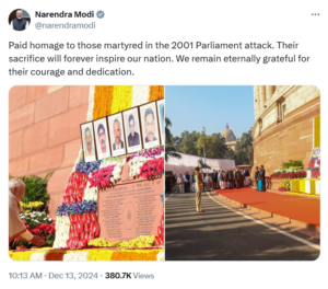 PM Modi pays tributes to victims of 2001 Parliament attack