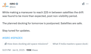 ISRO postpones docking of Spadex satellites again