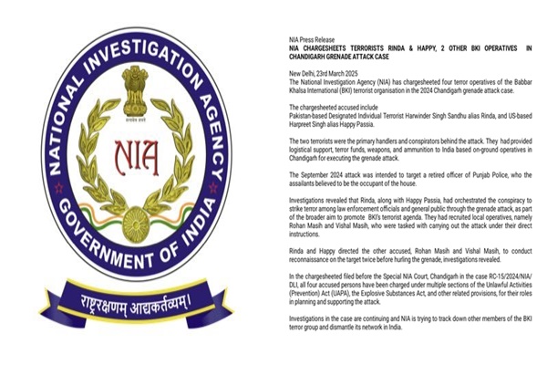 NIA Charges 4 BKI Operatives in Chandigarh Grenade Attack Case