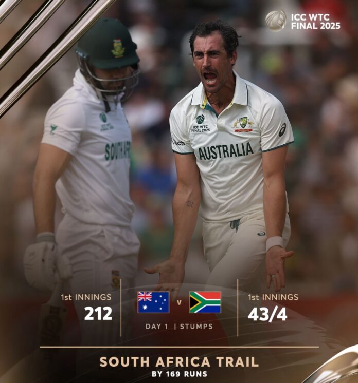 WTC Final: 14 wickets fall on day 1 as Australia bowled out for 212, South Africa struggle at 43/4