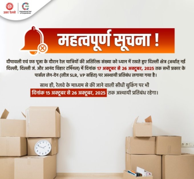 उत्तरी दिल्ली रेलवे विभाग ने पार्सल यातायात पर 17 से 26 अक्टूबर तक लगाया अस्थाई प्रतिबंध उत्तरी दिल्ली रेलवे विभाग ने पार्सल यातायात पर 17 से 26 अक्टूबर तक लगाया अस्थाई प्रतिबंध