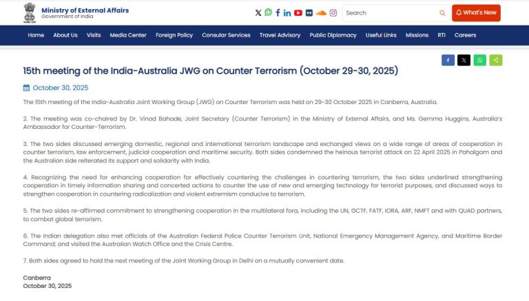 India and Australia Hold Joint Working Group Meeting on Counter Terrorism in Canberra