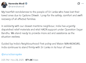 पीएम मोदी ने चक्रवात दितवाह के बाद श्रीलंका में हुई जान-माल की हानि पर शोक व्यक्त किया