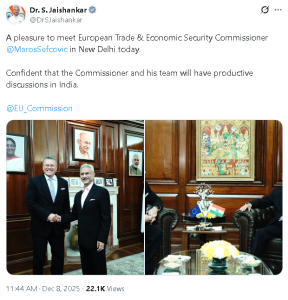 विदेश मंत्री डॉ. एस जयशंकर ने यूरोपीय संघ के व्यापार आयुक्त मारोस सेफकोविक से मुलाकात की