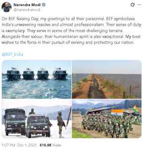 पीएम मोदी ने बीएसएफ स्थापना दिवस पर शुभकामनाएं दीं, उनके अटूट संकल्प और व्यावसायिकता की सराहना की