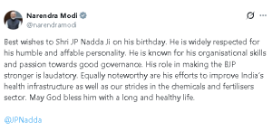 पीएम मोदी ने जेपी नड्डा को जन्मदिन की बधाई दी, भाजपा को मजबूत करने में उनकी भूमिका की सराहना की