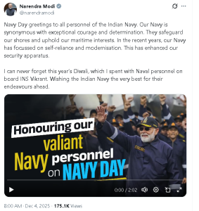 पीएम मोदी ने नौसेना दिवस पर भारतीय नौसेना कर्मियों को दी बधाई