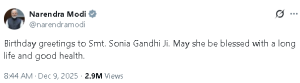 पीएम मोदी ने सोनिया गांधी को जन्मदिन की बधाई दी