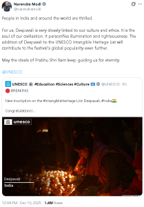 पीएम मोदी ने दीपावली को यूनेस्को की अमूर्त विरासत सूची में शामिल किए जाने का स्वागत किया