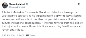 पीएम मोदी ने महाकवि सुब्रमण्यम भारती को श्रद्धांजलि अर्पित की 