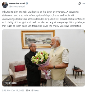 पीएम मोदी ने प्रणब मुखर्जी की जयंती पर उन्हें श्रद्धांजलि अर्पित की