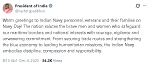 राष्ट्रपति द्रौपदी मुर्मू ने नौसेना दिवस की दीं शुभकामनाएं