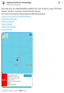 Earthquake of 6.0 Magnitude Felt in Pacific Ocean, Epicentre Tajikistan