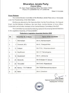 भाजपा ने पुद्दुचेरी विधानसभा चुनाव के लिए अपने उम्मीदवारों की पहली सूची की जारी
