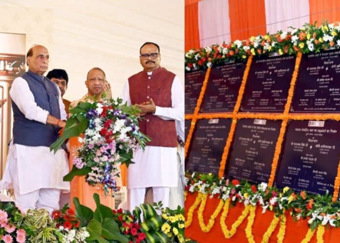 रक्षा मंत्री राजनाथ सिंह और सीएम योगी ने लखनऊ कैंट में ₹101 करोड़ की लागत से 12 विकास परियोजनाओं का भूमिपूजन एवं शिलान्यास किया